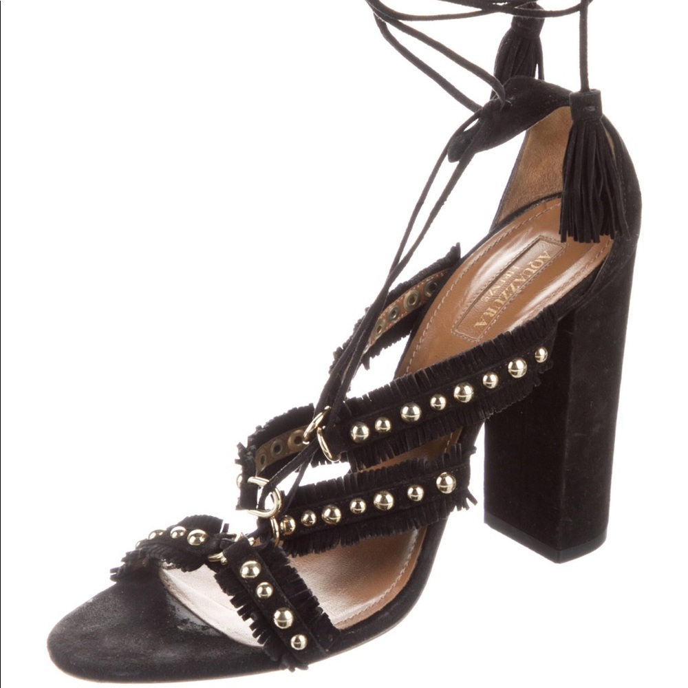 Aquazzura Black Studded Fringe Block Heel Lace-Up Sandals
